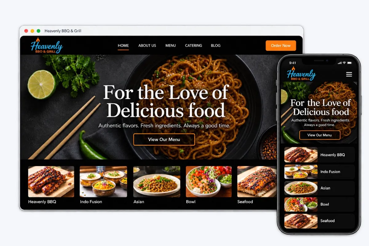 Heavenly BBQ & Grill website on desktop and phone, built by Kulli Stores
