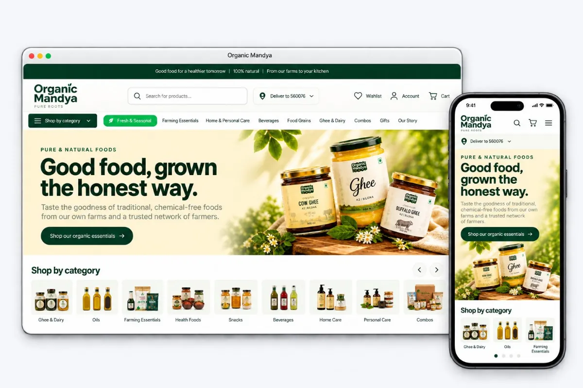 Organic Mandya website on desktop and phone, built by Kulli Stores