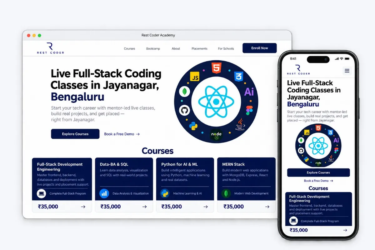 Rest Coder Academy website on desktop and phone, built by Kulli Stores